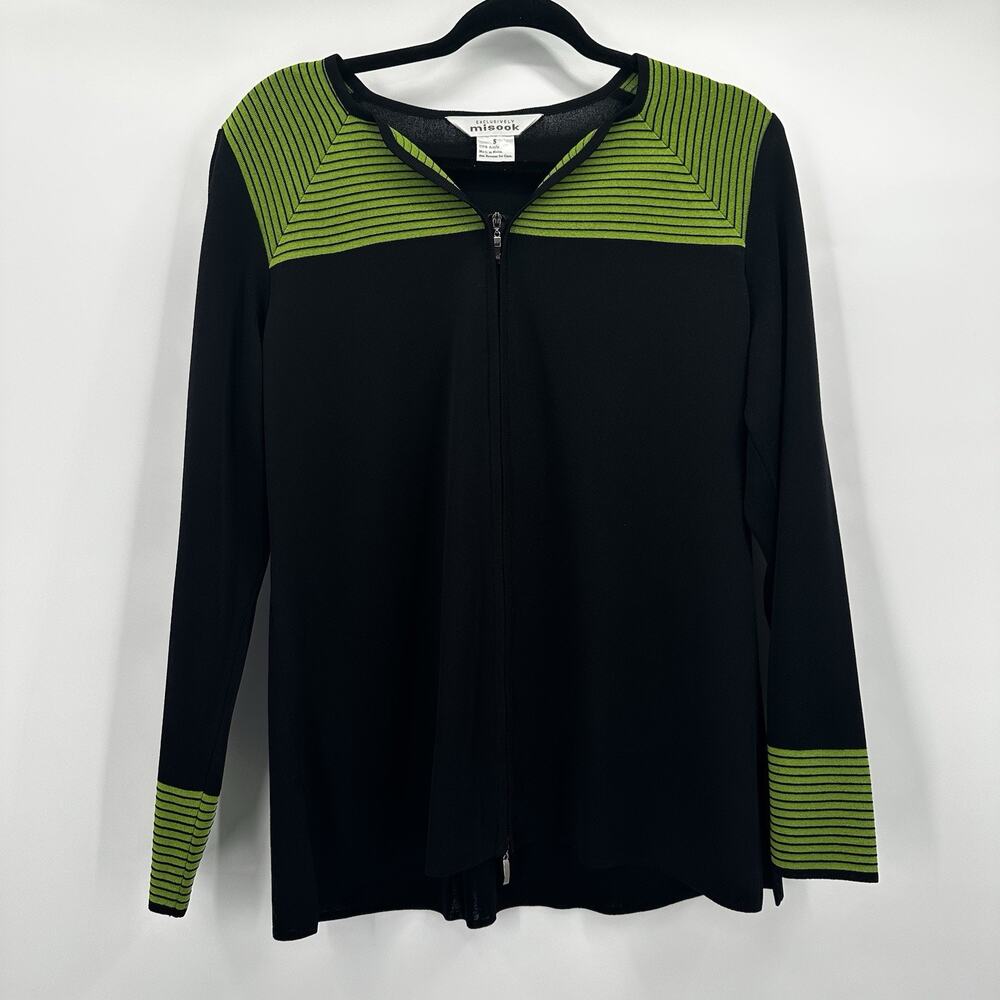 Misook Cardigan Sweater Womens Small Black Green Full Zip Jacket Slinky‎ Knit